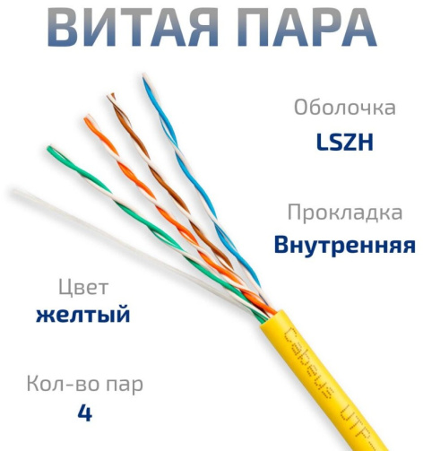 фото Кабель витая пара U/UTP 5e кат. 4 пары Cabeus UTP-4P-Cat.5e-SOLID-LSZH-YL в Челябинске