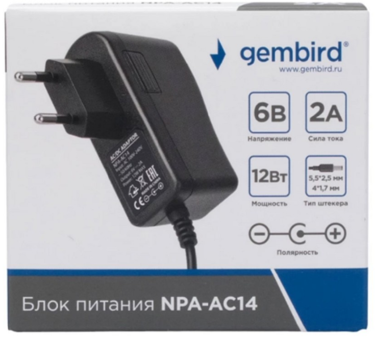 

Блок питания Gembird NPA-AC14 6В/2А, 12Вт, 2 штекера 5,5х2,5+4x1,7мм, NPA-AC14