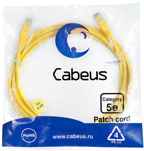 фото Кабель патч-корд U/UTP 5e кат. 3м Cabeus PC-UTP-RJ45-Cat.5e-3m-YL-LSZH в Краснодаре