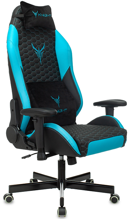 

Кресло Бюрократ Knight Neon игровое, с подголовником, крестовина металл, эко.кожа, цвет: черный/голубой, соты, Knight Neon