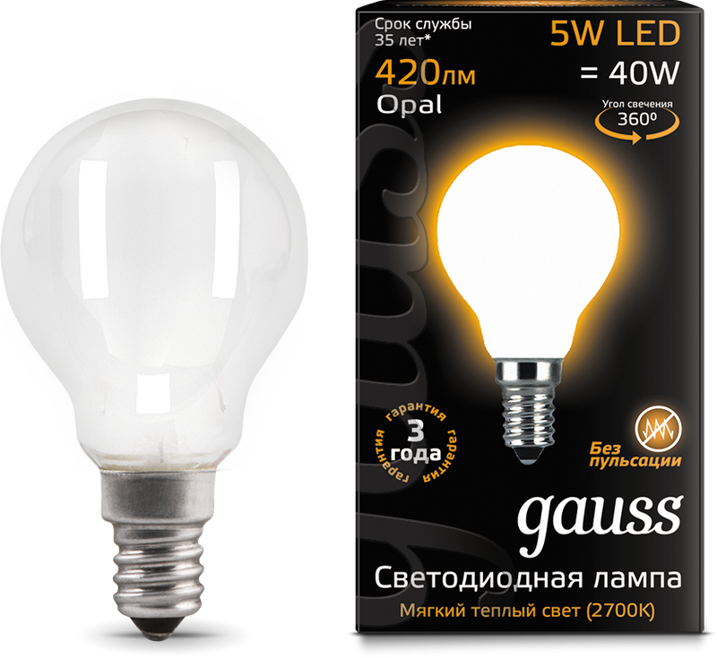 

Лампа светодиодная Gauss 105201105 LED Filament Шар OPAL E14 5W 420lm 2700K, 105201105
