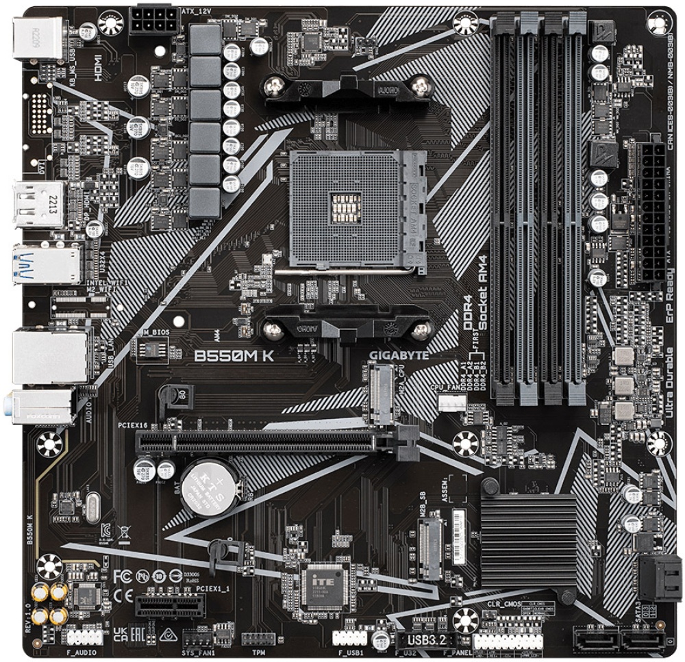

Материнская плата mATX GIGABYTE B550M K (AM4, AMD B550, 4*DDR4 (4733), 4*SATA 6G RAID, 2*M.2, 2*PCIE, Glan, HDMI, DP, 4*USB 3.2, 4*USB 2.0), B550M K