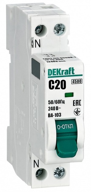 

Автоматический выключатель DEKraft 12403DEK 1+N 20А х-ка C ВА-103 4,5кА, 12403DEK
