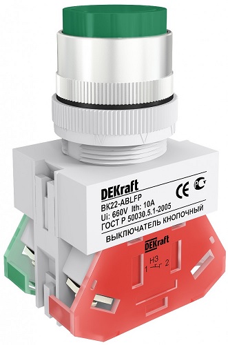 

Выключатель кнопочный DEKraft 25019DEK ABLFP D22 ЗЕЛЕНЫЙ 220В ВK-22, 25019DEK