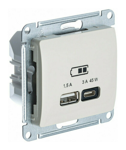 

Розетка USB Systeme Electric GSL000929 Glossa А + тип-С 45Вт высокоскор.заряд. QC, PD, механизм, молочная, GSL000929
