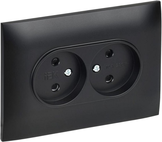 

Розетка двухместная без заземления в сборе IEK SK-R23-10-K02-F SKANDY с защитными шторками 10А SK-R09Bl черная, SK-R23-10-K02-F