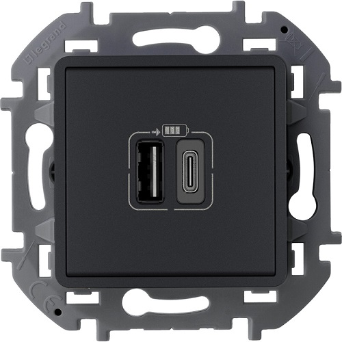 

Розетка Legrand 673763 Inspiria антрацит с двумя USB-разьемами A-C 240В/5В 3000мА, 673763