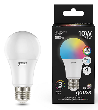 

Лампа Gauss 102102410 A60 10W E27 RGBW+димирование LED, 102102410
