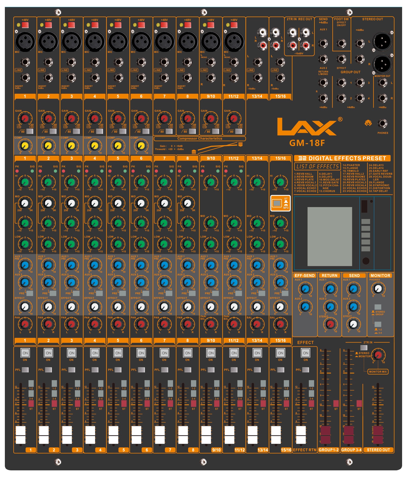 

Микшерный пульт LAX GM-18F Input channel: Mono 8, mono/stereo 2, stereo 2, GM-18F