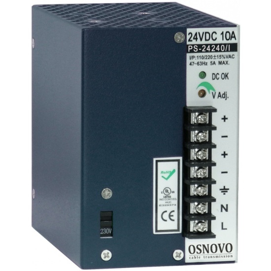 

Блок питания OSNOVO PS-24240/I промышленный. DC24V, 10A (240W). Диапазон входных напряжений: AC115, 230V. КПД: 82%. Регулировка выходного напряжения в, PS-24240/I