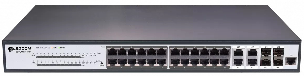 

Коммутатор PoE BDCom S2528-P 24*GE PoE ports, 4*GE TX/SFP combo ports, standard AC220V power supply, 400W, the cooling fan, 1U, standard 19-inch rack-, S2528-P