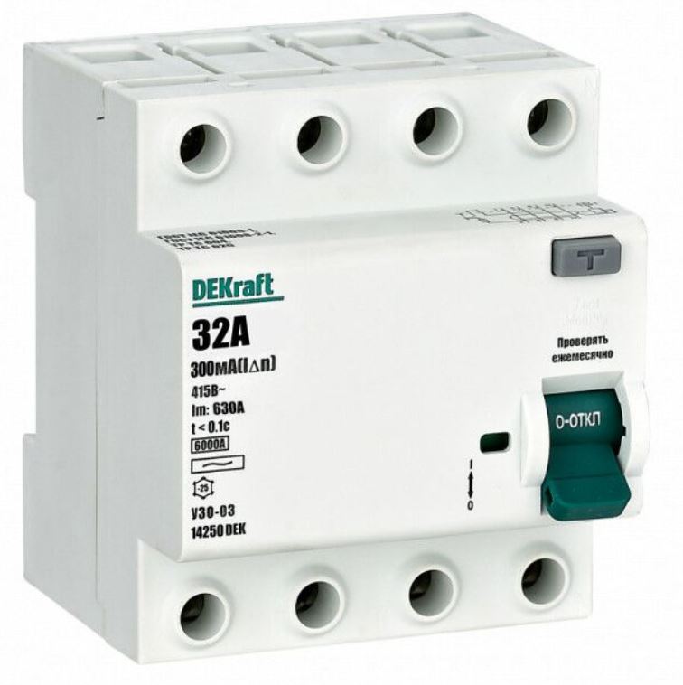 

УЗО DEKraft 14250DEK ВДТ 4P 32А 300мА тип AC 6кА, 14250DEK