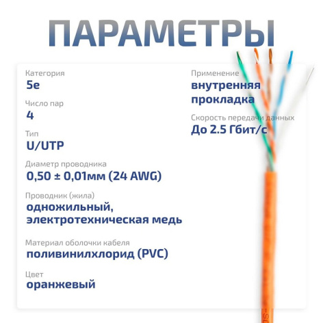 фото Кабель витая пара U/UTP 5e кат. 4 пары Cabeus UTP-4P-Cat.5e-SOLID-OR в Краснодаре