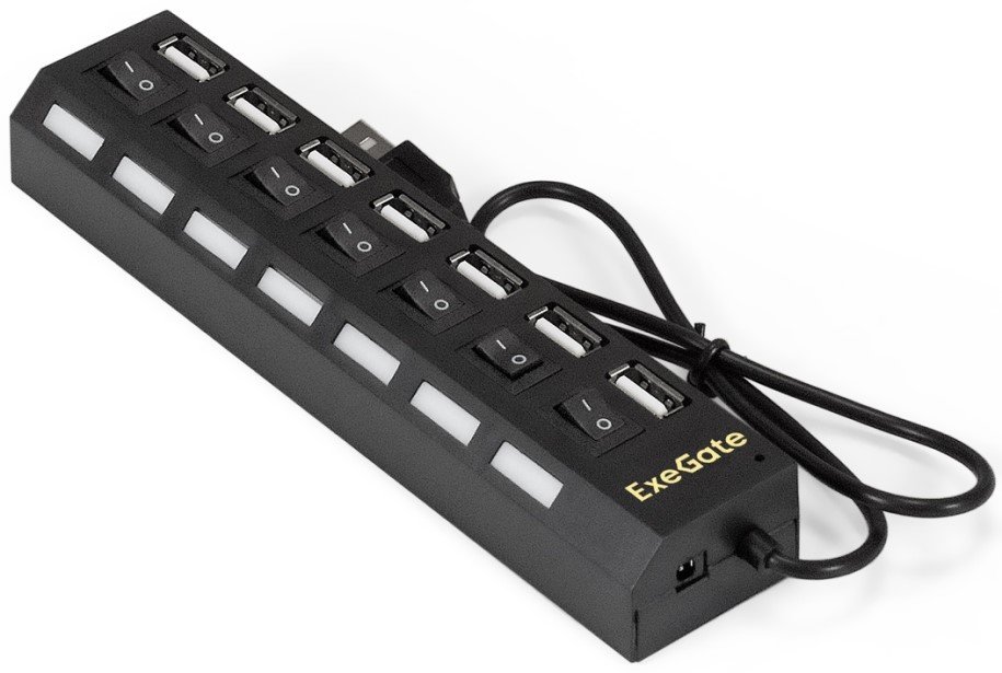 

Концентратор Exegate EX293978RUS 7-в-1 (кабель-адаптер USB2.0 --> 7xUSB2.0, кнопки включения/отключения для каждого порта, Plug&Play, черный), EX293978RUS