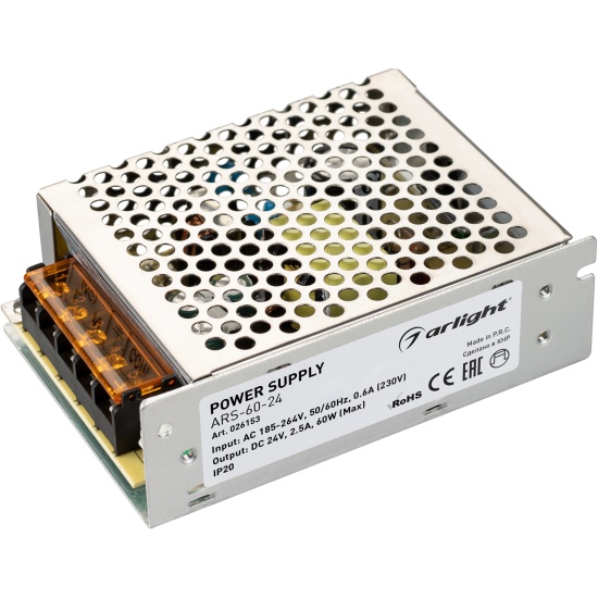

Блок питания Arlight ARS-60-24 026153 24V, 2.5A, 60W, IP20, сетка, ARS-60-24