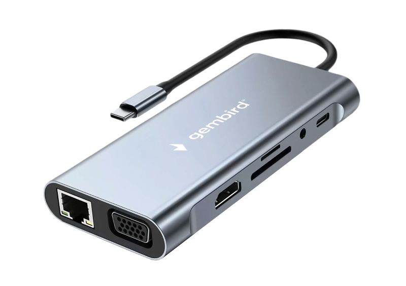 

Док-станция Gembird UHB-D4 Type-C, 10в1: 3xUSB3.1, PD87W, Jack3.5, SD/TF, HDMI, RJ45, VGA, кабель15см, UHB-D4