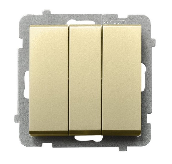 

Выключатель Ospel LP-13R/m/39 трехклавишный, 10AX, 250V, 2200W, IP-20, клеммы безвинтовые, шампанский золотой, LP-13R/m/39