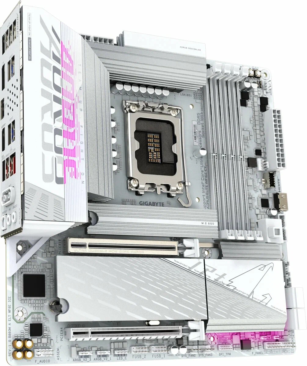 

Материнская плата mATX GIGABYTE B860M AORUS ELITE WIFI6E ICE (LGA1851, B860, 4*DDR5, 4*SATA, 3*M.2, 4*USB 2.0, 2*USB 3.2, 2*USB Type-C, HDMI, DP), B860M AORUS ELITE WIFI6E ICE