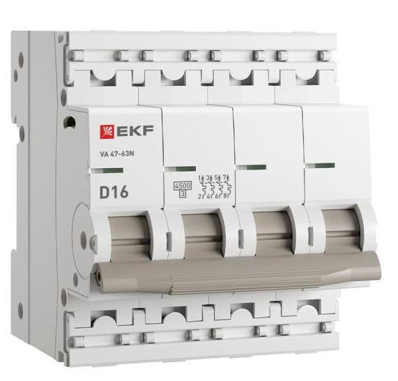 

Автоматический выключатель EKF M634416D 4P 16А (D) 4,5kA ВА 47-63N PROxima, M634416D