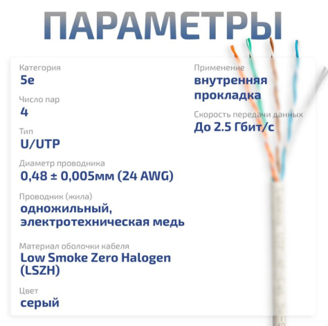 фото Кабель витая пара U/UTP 5e кат. 4 пары Cabeus UTP-4P-Cat.5e-SOLID-LSZH-GY-LIGHT-100 в Омске