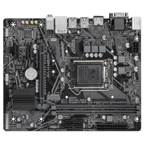 

Материнская плата mATX GIGABYTE H410M H V2 2.1 (LGA1200, Q470E, 2*DDR4 (2933), 4*SATA RAID, M.2, 3*PCIe, HDMI, 2*USB 3.1, 4*USB 2.0) RTL, H410M H V2 2.1