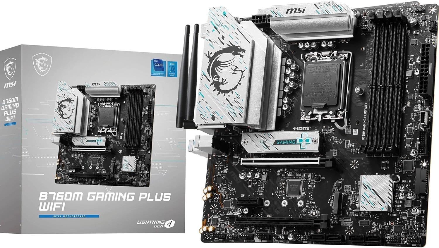 

Материнская плата mATX MSI B760M GAMING PLUS WIFI (LGA1700, Intel B760, 4*DDR5(6800), 4*SATA 6G RAID, 2*M.2, 2*PCIe, 2,5Glan, WiFi, BT, 2*HDMI, 2*DP,, B760M GAMING PLUS WIFI