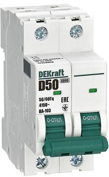 

Автоматический выключатель DEKraft 12358DEK 2Р 50А х-ка D ВА-103 6кА, 12358DEK
