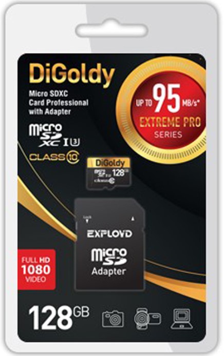 

Карта памяти MicroSDXC 128GB DiGoldy DG128GCSDXC10UHS-1-ElU3 Class 10 Extreme Pro UHS-I U3 (95 Mb/s) + SD адаптер, DG128GCSDXC10UHS-1-ElU3