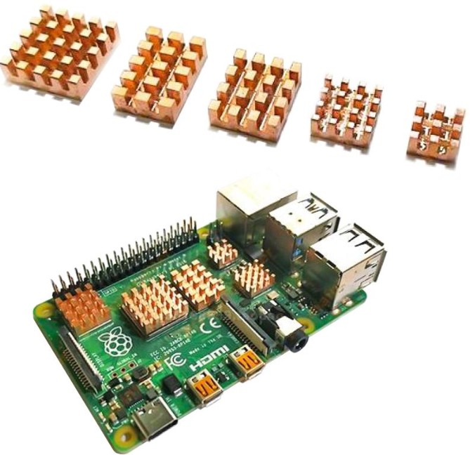 

Радиатор ACD RA603 набор 5 in 1 Pure Copper HeatSink (15x10x4мм, 14x14x4мм, 13x11x4мм, 9x9x4мм и 7x7x4мм) for Raspberry 4B, RA603