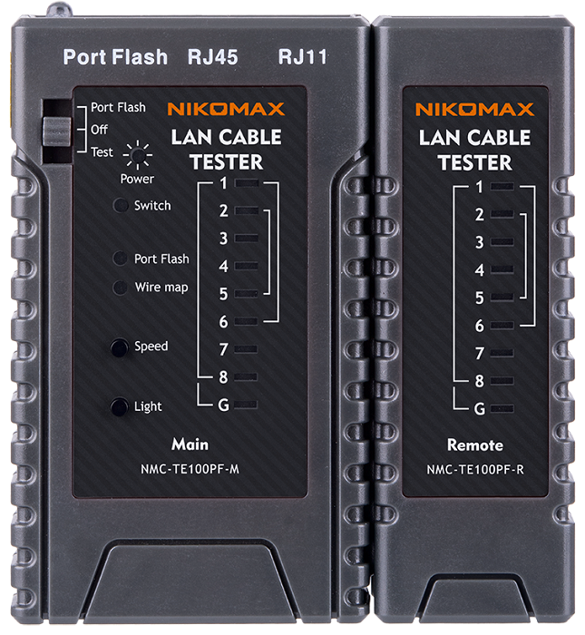 

Кабельный тестер NikoMax NMC-TE100PF UTP/STP, RJ45, RJ12, RJ11, с функцией PortFlash и LED фонарём, NMC-TE100PF