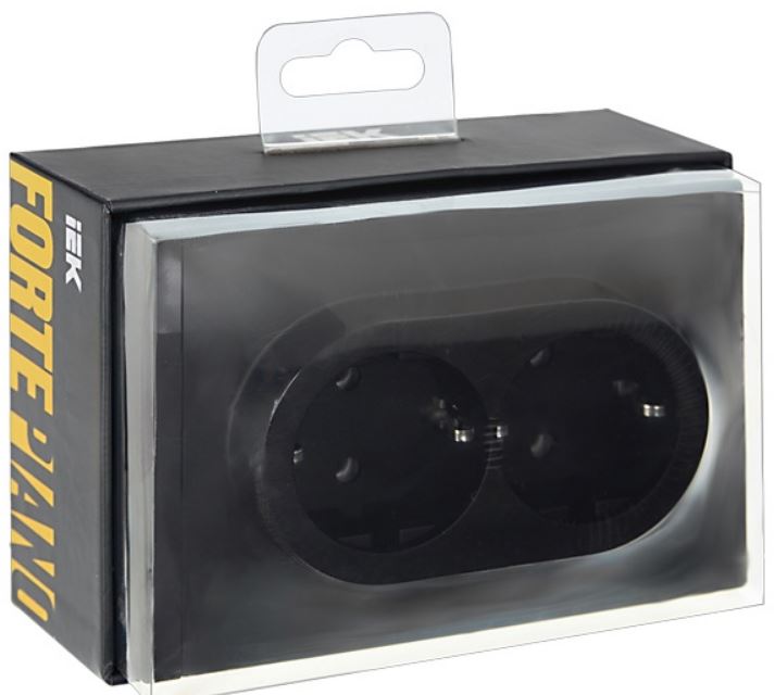 

Розетка двухместная с заземлением IEK FP-R21-16-1-K02 FORTE&PIANO без защитных шторок б/к 16А FP124 черная, FP-R21-16-1-K02