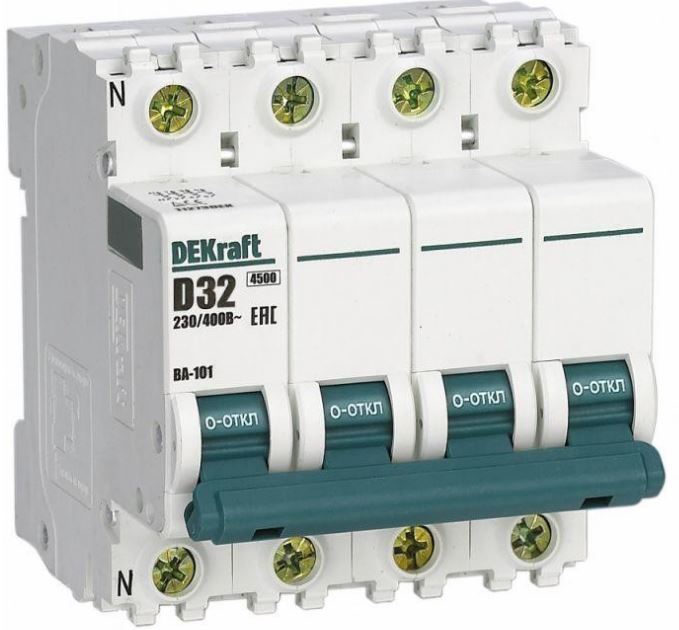 

Автоматический выключатель DEKraft 11273DEK 3P+N 32А х-ка D ВА-101 4,5кА, 11273DEK