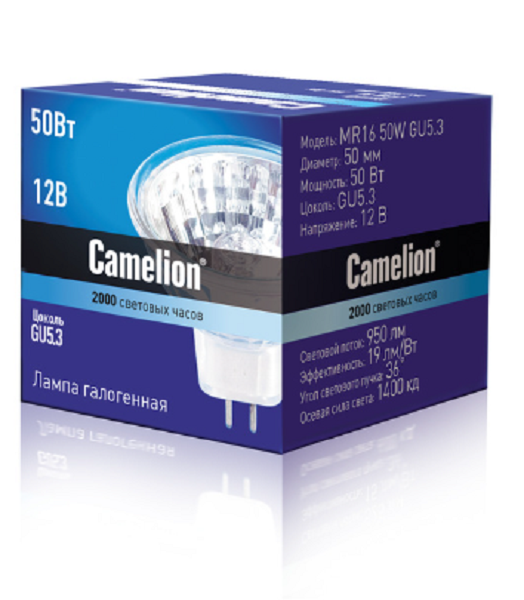 

Лампа галогенная Camelion™ MR16 50W GU5.3 50Вт, 36°, GU5.3, 12В, 950лм, 1400кд, 2000 часов работы, с дихроичным отражателем и защитным стеклом (3060), MR16 50W GU5.3