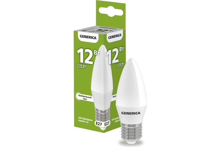 

Лампа светодиодная GENERICA LL-C35-12-230-40-E27-G C35 12Вт свеча 4000К E27 230В, LL-C35-12-230-40-E27-G