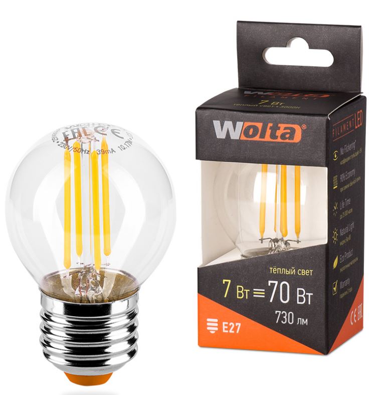 

Лампа светодиодная WOLTA 25Y45GLFT7E27 FILAMENT 7Вт 3000K Е27, 25Y45GLFT7E27