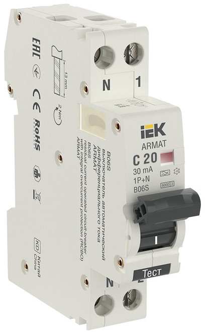 

УЗО IEK AR-B06S-1N-C20C030 ARMAT АВДТ B06S 1P+NP C20 30мА тип AC (18мм), AR-B06S-1N-C20C030