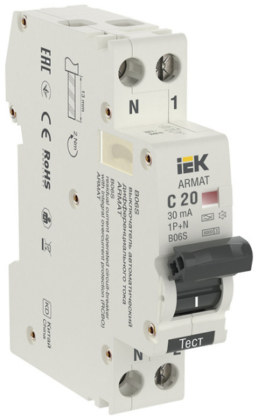 Изображение товара Автоматический выключатель дифф. тока (АВДТ) IEK AR-B06S-1N-C20C030
