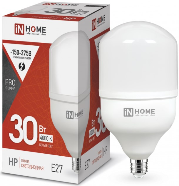 

Лампа светодиодная IN HOME 4690612031071 высокомощная LED-HP-PRO 30Вт цилиндр 4000К нейтральный, белый E27 2850лм, 4690612031071
