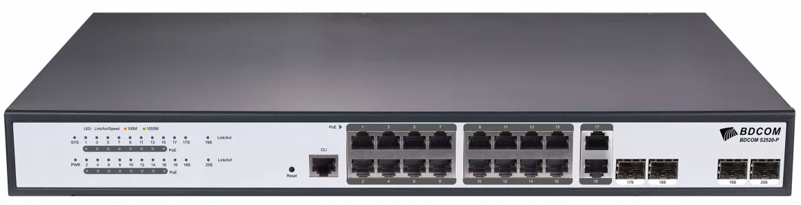 

Коммутатор PoE BDCom S2520-P 16*GE PoE ports, 2*100/1000M SFP ports, 2*GE TX/SFP combo ports, standard AC220V power supply, 265W, thecooling fan, 1U,, S2520-P