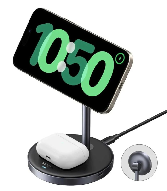 

Подставка UGREEN W710 45382_ магнитная 2-in-1 15W Magnetic Wireless Charger для iPhone + AirPods. Цвет: серый, W710