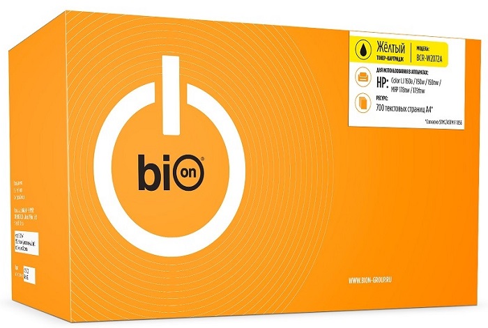 

Картридж BION BCR-W2072A W2072A для HP Color Laser 150a/150w/150nw, MFP 178nw/179fnw (700 стр.), Желтый, BCR-W2072A