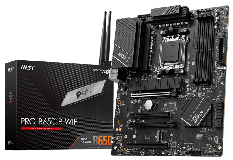 

Материнская плата ATX MSI PRO B650-P WIFI (AM5, AMD B650, 4*DDR5 (6400), 6*SATA 6G RAID, 2*M.2, 4*PCIE, 2.5Gan, WiFi, BT, HDMI, DP, USB Type-C, 7*USB, PRO B650-P WIFI