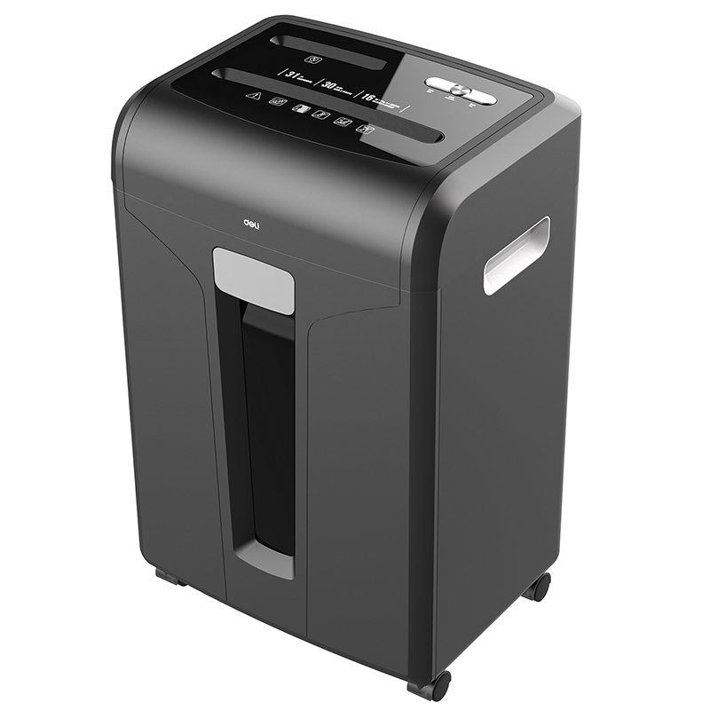 

Уничтожитель бумаг Deli E14400 DIN P-4 (4 ур-нь секр.), фрагмент 4х40мм, 16 лист, CD/пл.карты/скрепки/скобы, 31 литр, чёрный, E14400