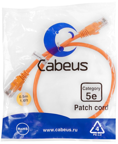 фото Кабель патч-корд U/UTP 5e кат. 0.5м Cabeus PC-UTP-RJ45-Cat.5e-0.5m-OR-LSZH в Краснодаре