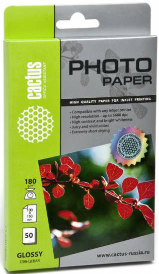 

Фотобумага Cactus CS-GA618050 A6/180г/м2/50л./белая, глянцевая для струйной печати, CS-GA618050