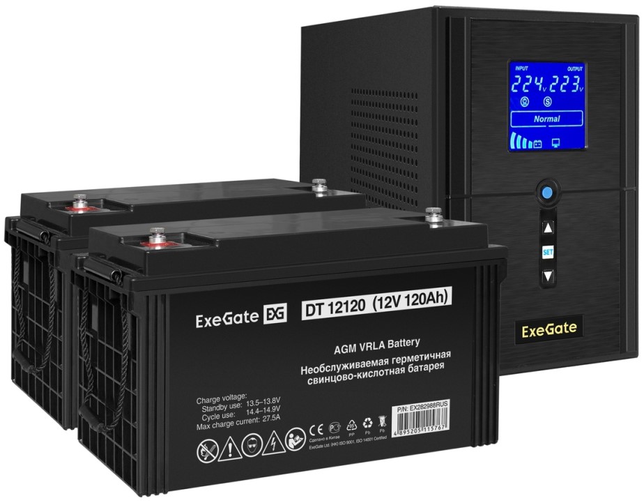 

Комплект Exegate SineTower SZ-1500.LCD.AVR.2SH.1C13.USB EX296829RUS ИБП EX295988RUS + батарея 120Aч EX282988RUS 2шт (инвертор, синус, для котла), 1500, SineTower SZ-1500.LCD.AVR.2SH.1C13.USB
