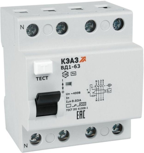 Изображение товара Автоматический выключатель дифф. тока КЭАЗ 221948 4-полюсный 32 А 30 мА