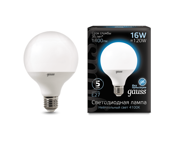 

Лампа светодиодная Gauss 105102216 LED G95 E27 16W 1400lm 4100K, 105102216