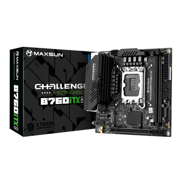 

Материнская плата mini-ITX MAXSUN Challenger B760ITX D5 (LGA1700, B760, 2*DDR5 (8000), 4*SATA, 2*M.2, 2*USB 3.2, 4*USB 2.0, PCIe x16, 2*HDMI, 2*DP), Challenger B760ITX D5