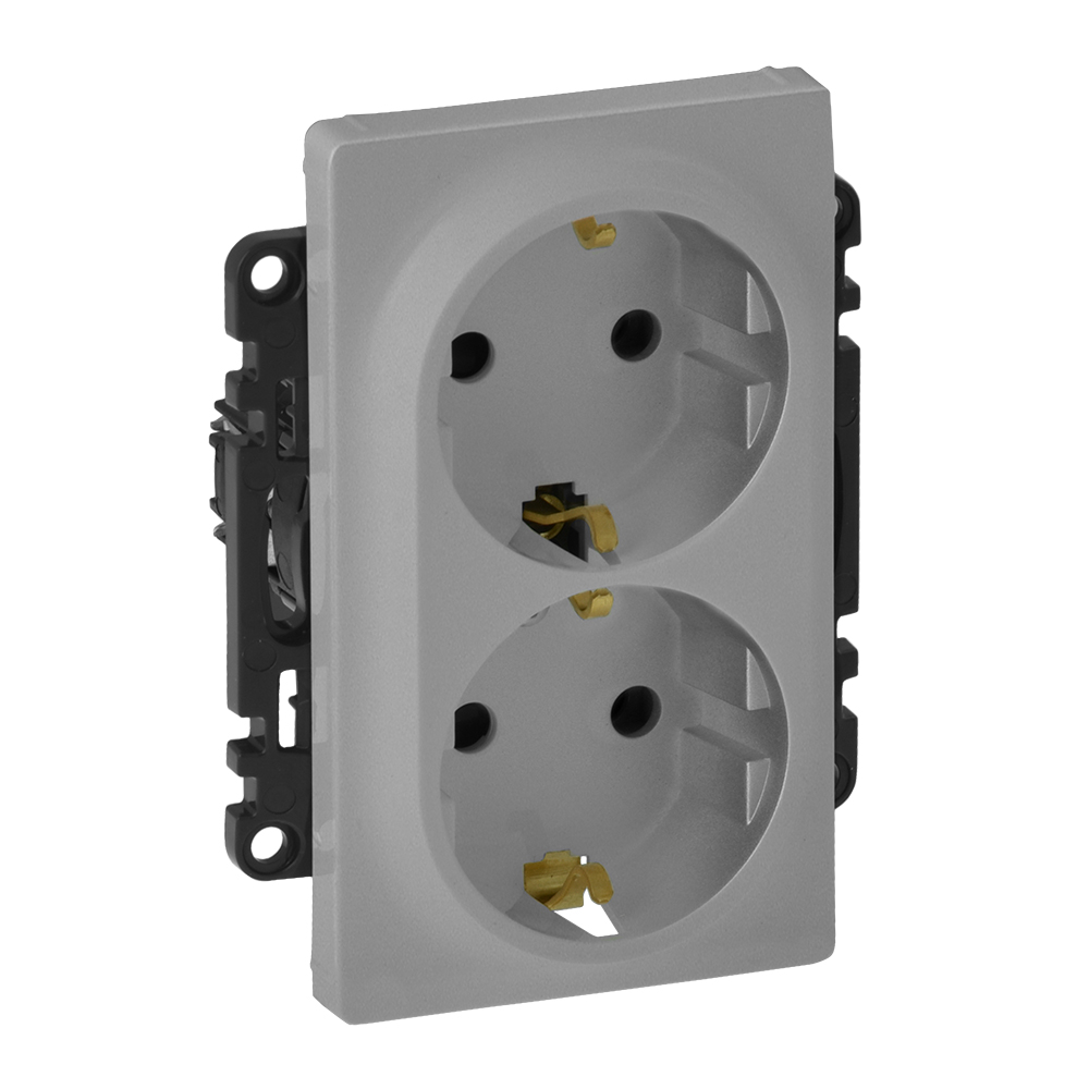 

Розетка Legrand 753626 Valena LIFE - 2х2К+З 16А 250 В с лицевой панелью, с защитными шторками, безвинтовые зажимы, алюминий, 753626